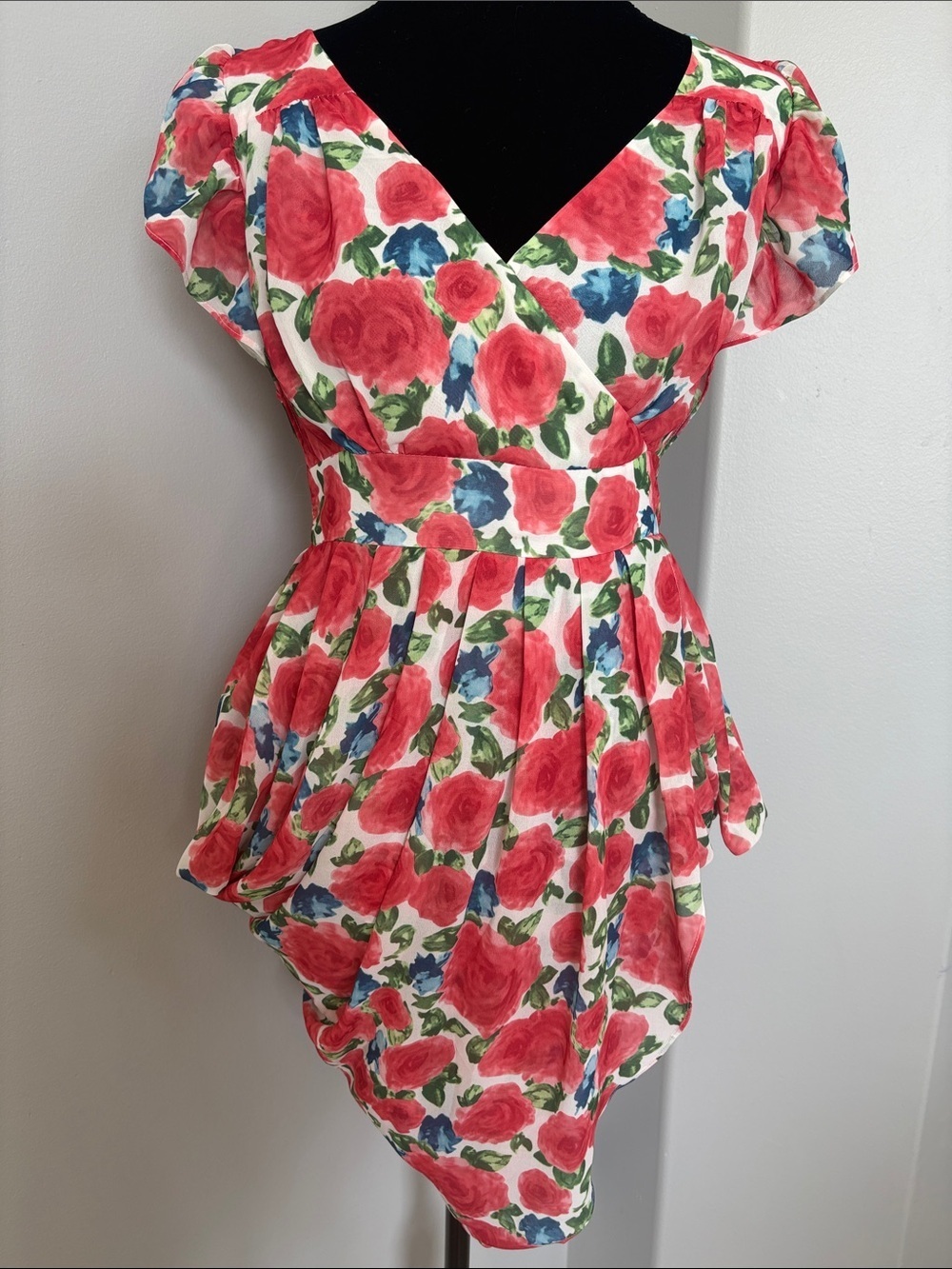 Vero Moda Red Floral Wrap-Style Mini Dress with Blue & Green Accents